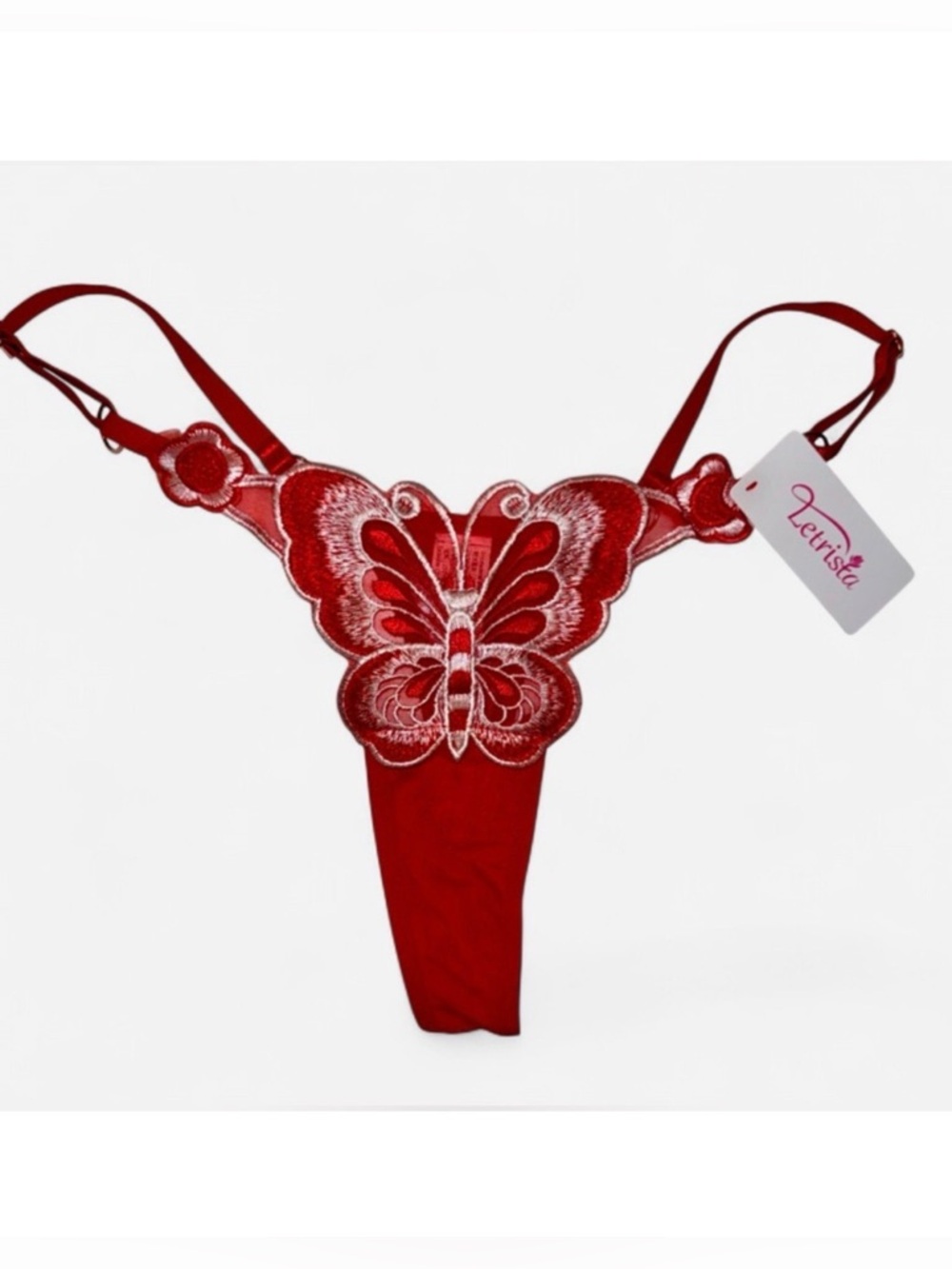 NEW Sheer Mesh Embroidered Red Butterfly Thong - Medium